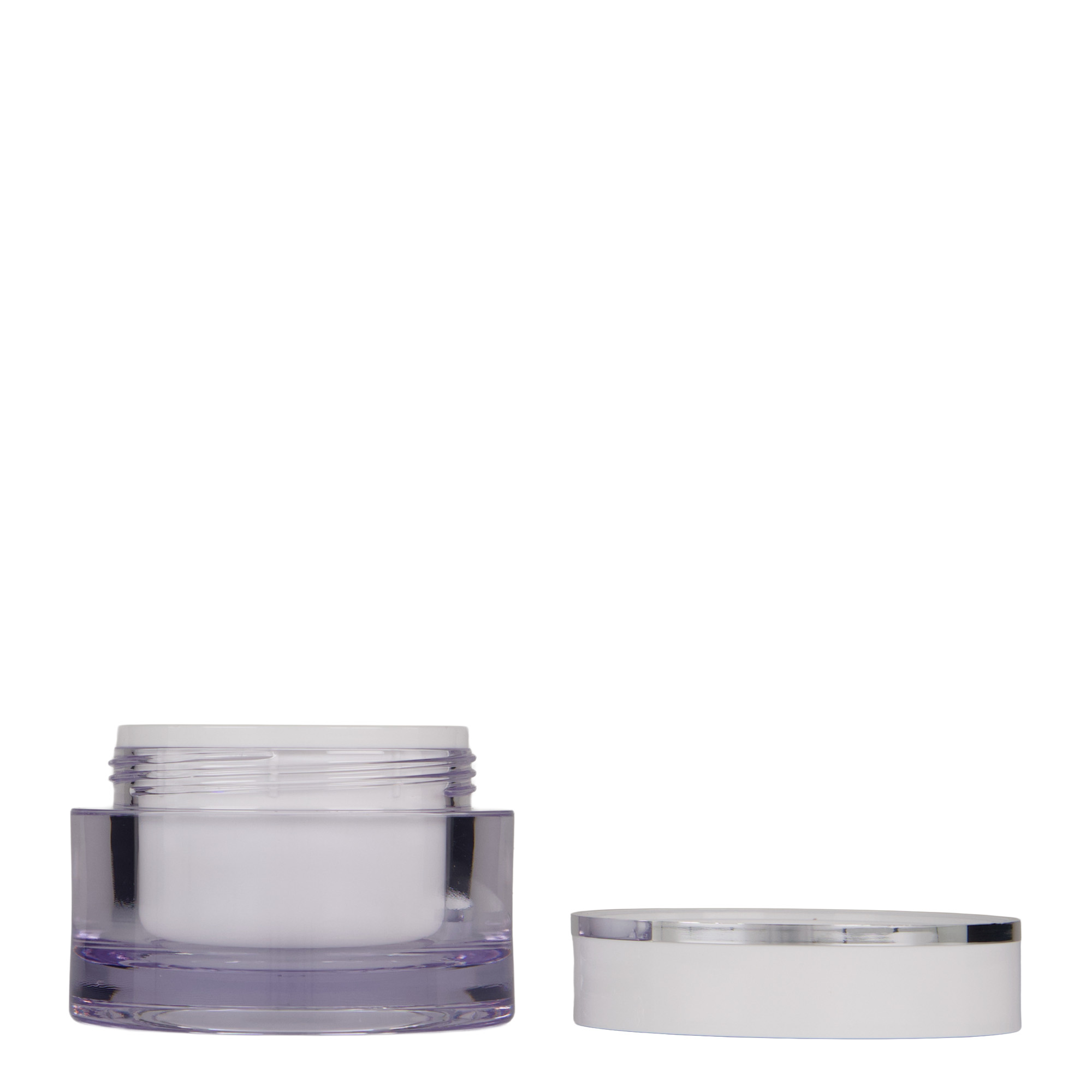 50 ml borcan, plastic SAN, alb, gura: capac cu filet