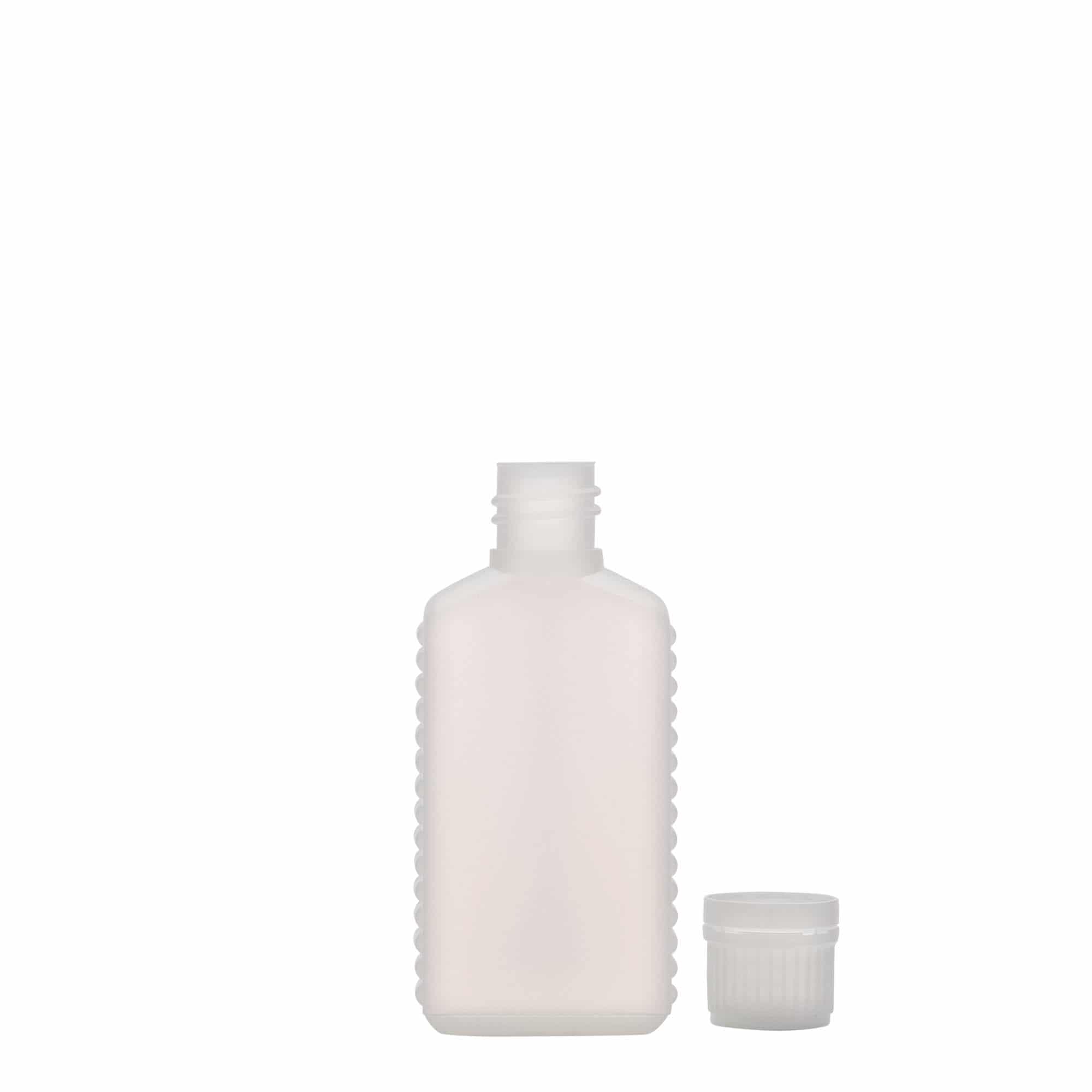 50 ml sticlă canistră cu gât îngust, dreptunghiulară, plastic HDPE, natural, deschidere: DIN 18