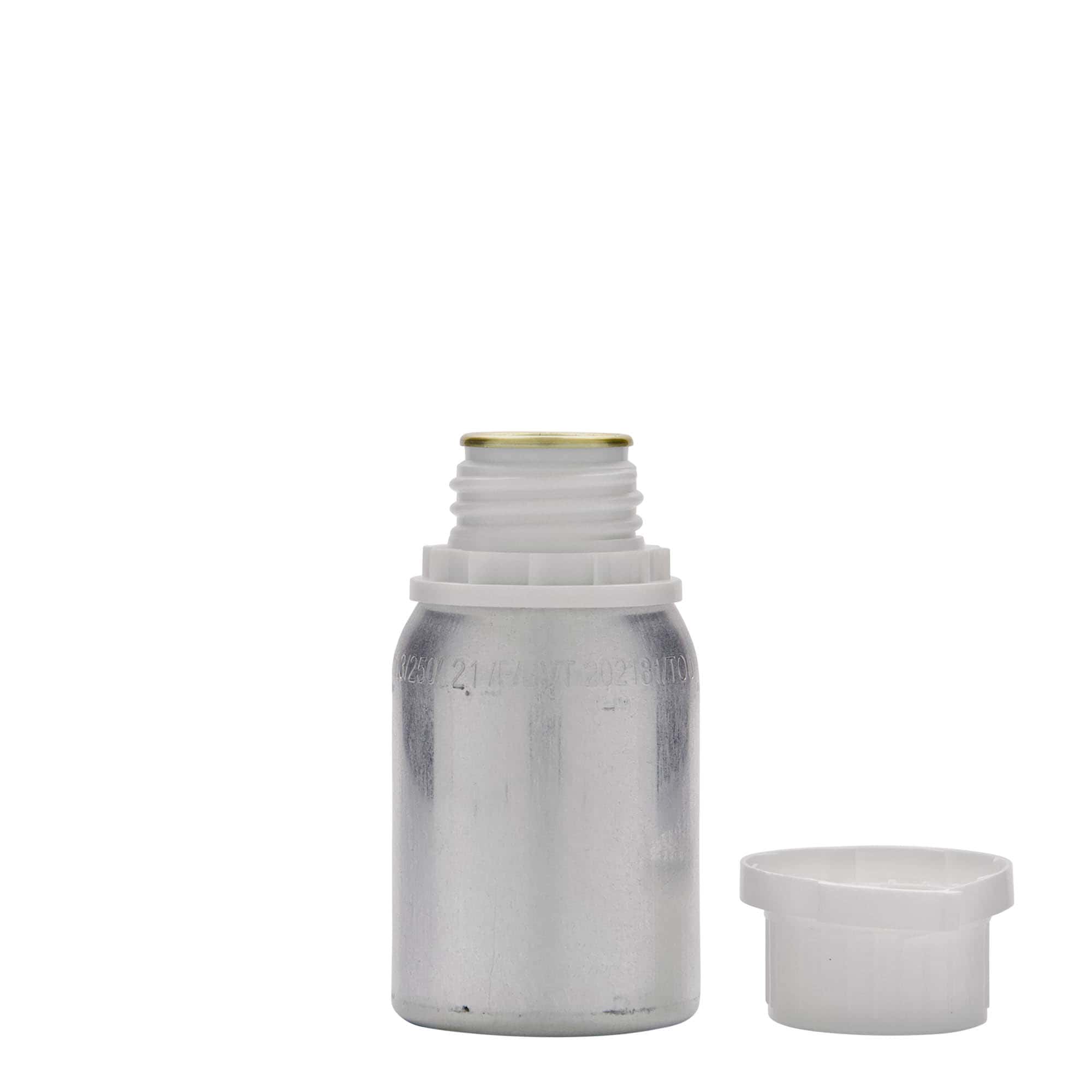 125 ml sticlă din aluminiu, metal, argintiu, gura: DIN 32