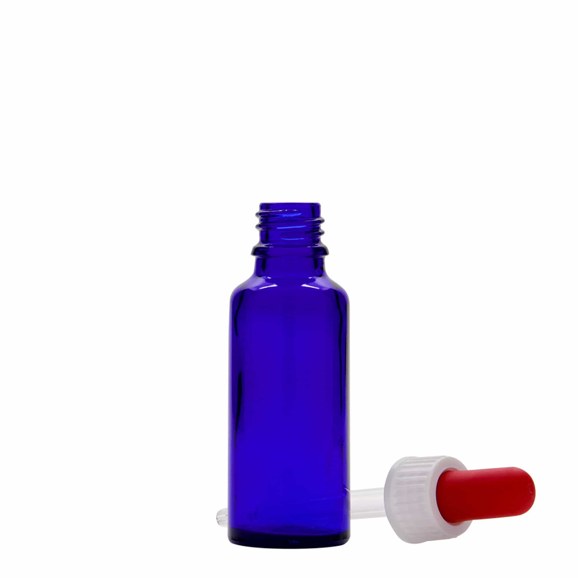 30 ml sticlă cu picurător, medicală, sticlă, albastru regal-roșu, gura: DIN 18