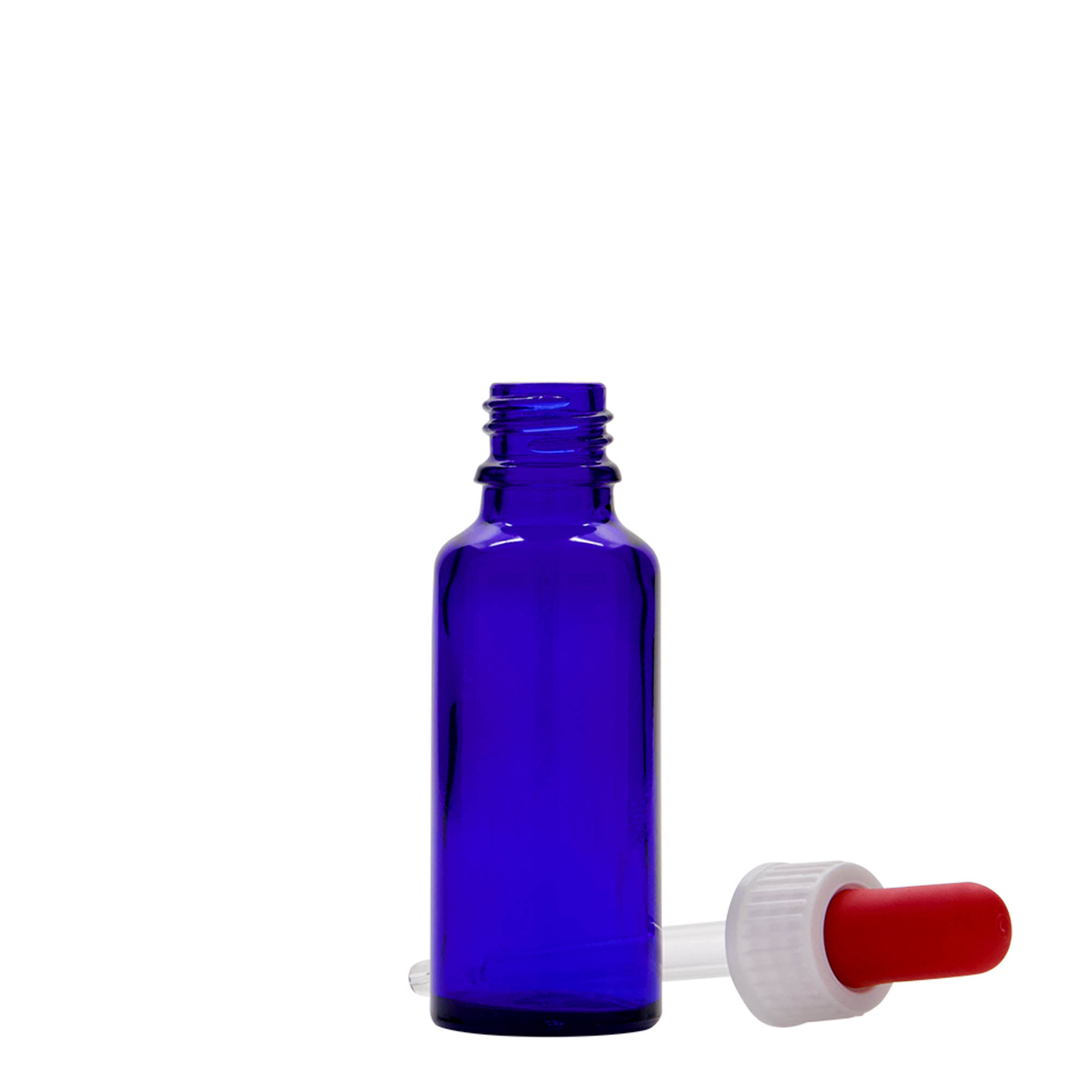 30 ml sticlă cu picurător, medicală, sticlă, albastru regal-roșu, gura: DIN 18 30 ml sticlă cu picurător, medicală, sticlă, albastru regal-roșu, gura: DIN 18